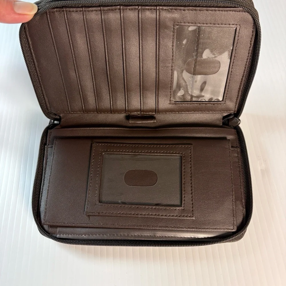 Vintage Brown Leather Zip-Around Checkbook Wallet Organizer